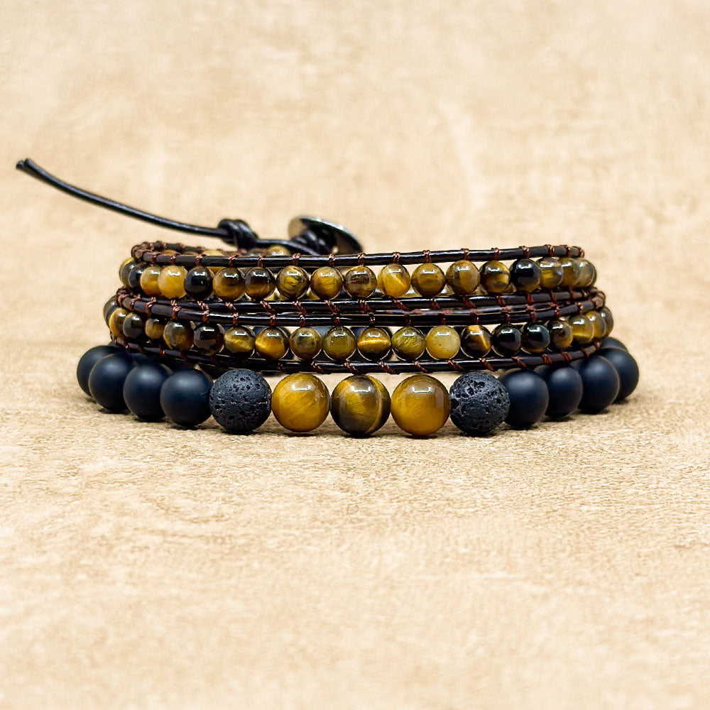 Pack 2 de bracelets Wrap Oeil de Tigre 2 Rangs et Oeil de tigre Agate