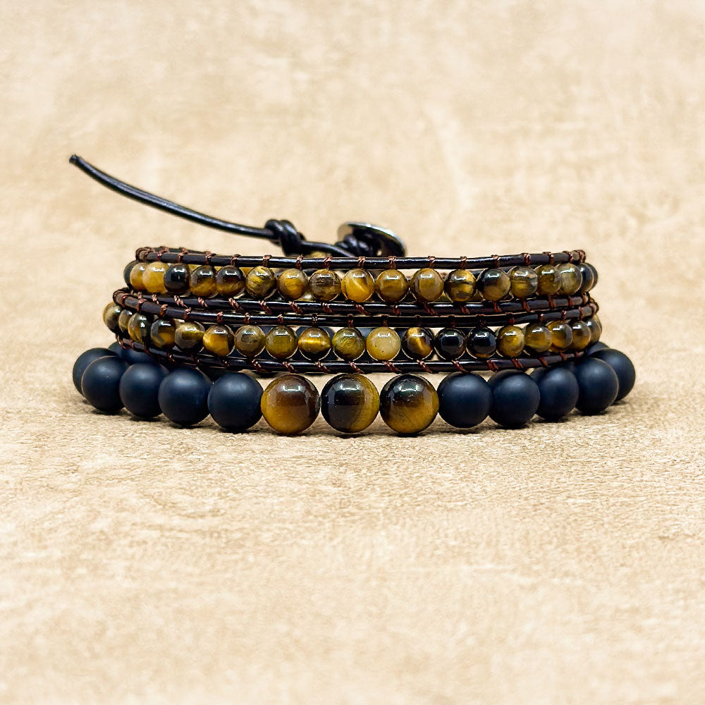 Pack de bracelets Wrap Oeil de Tigre 2 Rangs et Oeil de tigre Agate